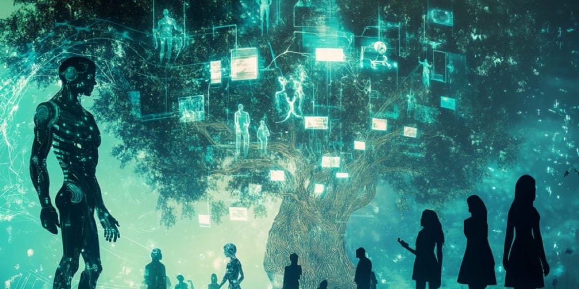 This shows an illustration of a robot, a tree and people.