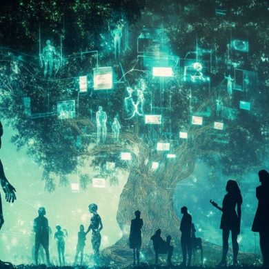 This shows an illustration of a robot, a tree and people.