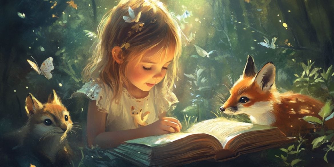 This shows a little girl reading a book, surrounded by cute animals.