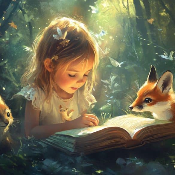 This shows a little girl reading a book, surrounded by cute animals.