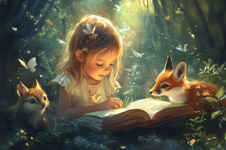 This shows a little girl reading a book, surrounded by cute animals.