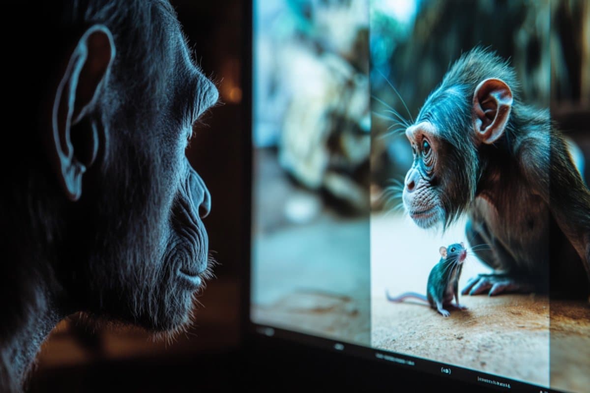 This shows an ape looking at a computer monitor.