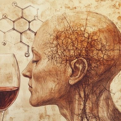 This shows a head and a glass of wine.