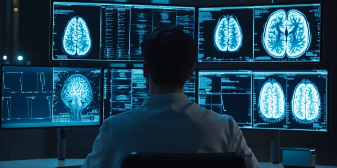 This shows a doctor looking at brain scans.