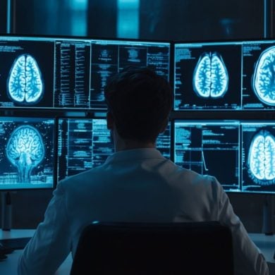 This shows a doctor looking at brain scans.