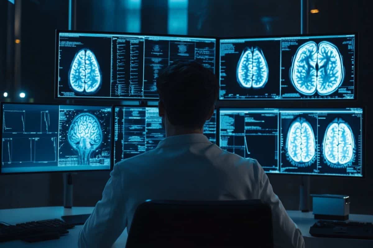 This shows a doctor looking at brain scans.