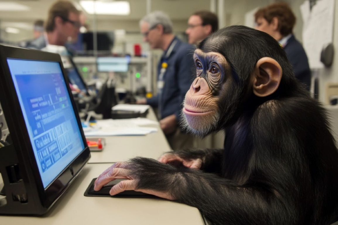 This shows a chimp at a touch screen.