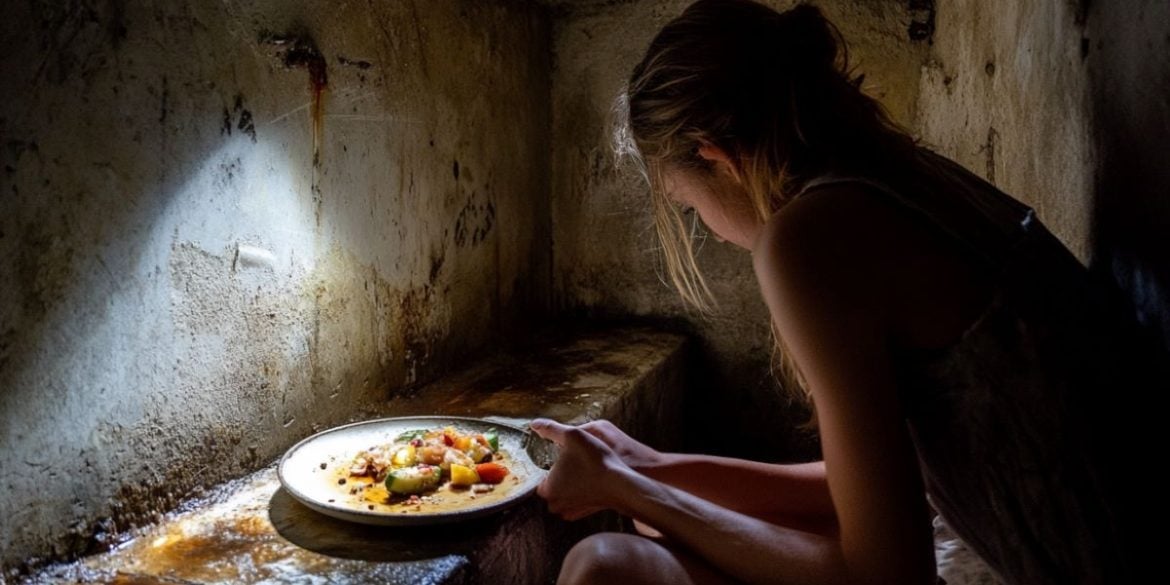 This shows a woman eating in a small cell.