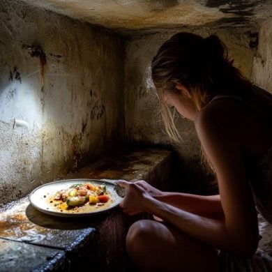 This shows a woman eating in a small cell.