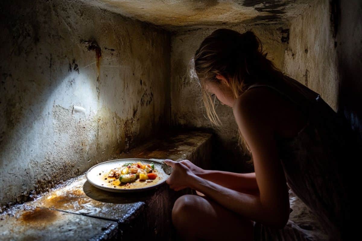 This shows a woman eating in a small cell.