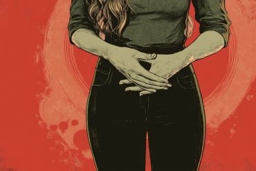 This shows a woman holding her stomach.