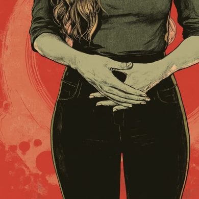 This shows a woman holding her stomach.