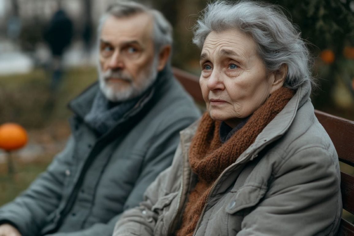 This shows an older couple sitting on a bench.