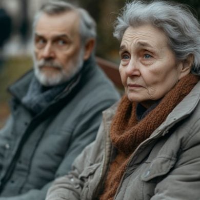 This shows an older couple sitting on a bench.