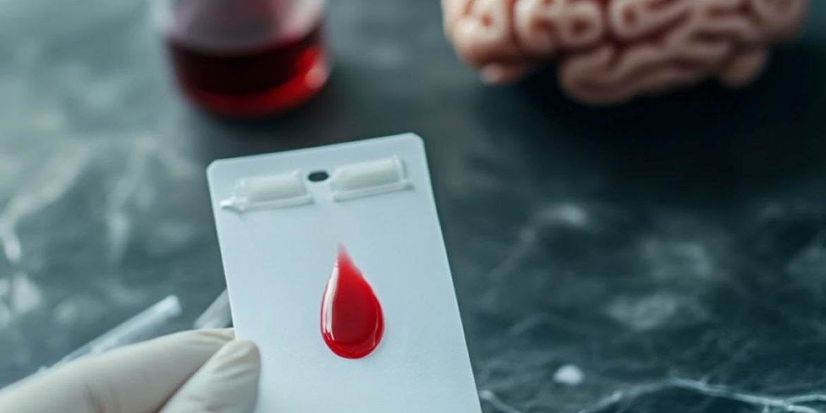 This shows a researcher holding a card with blood on it, a brain is in the background.