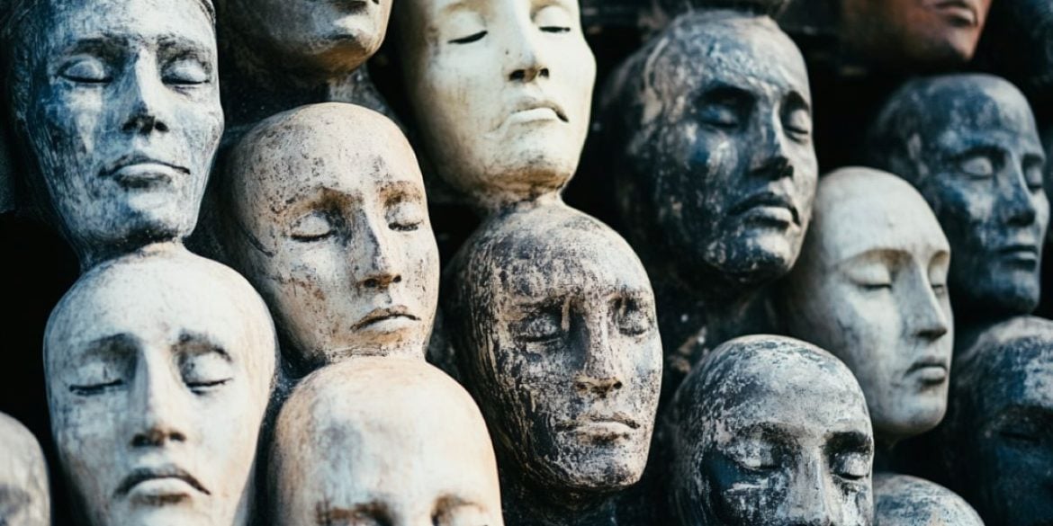 This shows statues of heads.