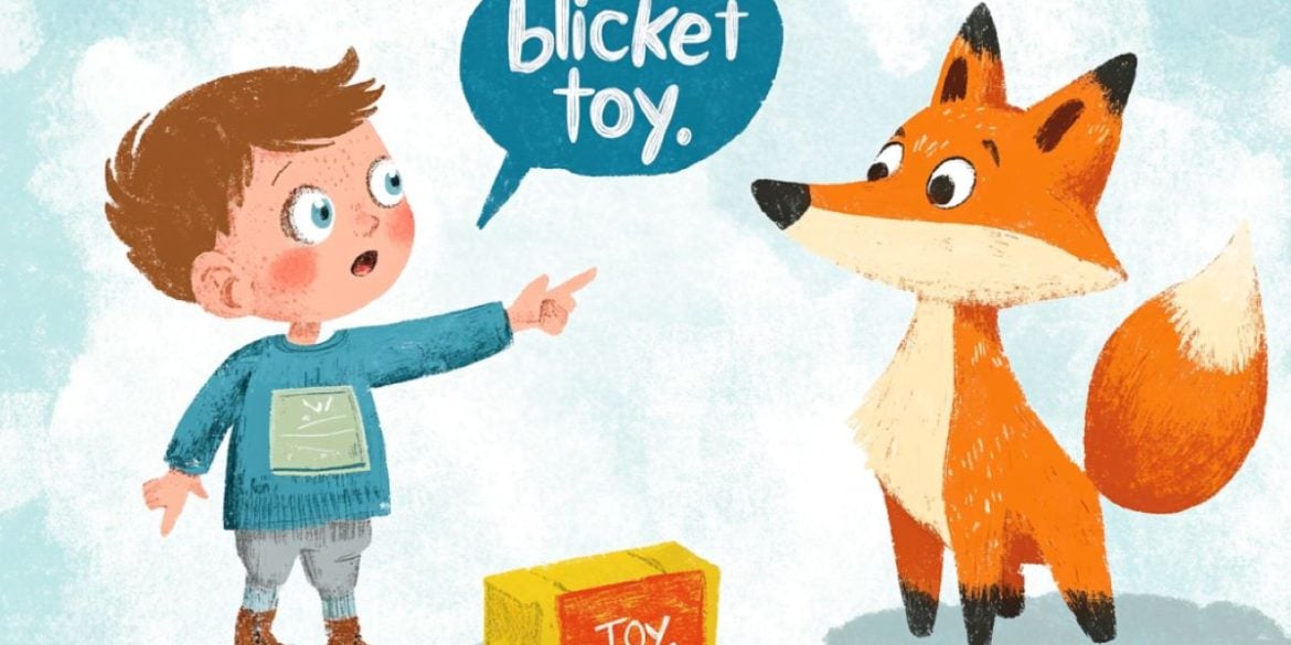 This is a drawing of a toy fox and a child with a speech bubble saying "blicket" and "toy".