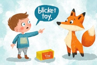 This is a drawing of a toy fox and a child with a speech bubble saying "blicket" and "toy".