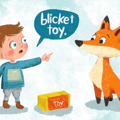 This is a drawing of a toy fox and a child with a speech bubble saying "blicket" and "toy".