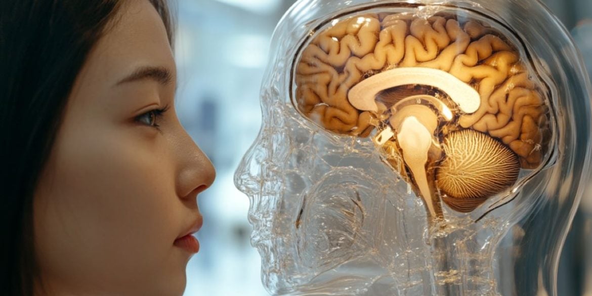 This shows a woman looking at a brain model.