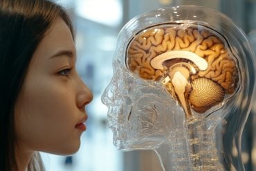 This shows a woman looking at a brain model.