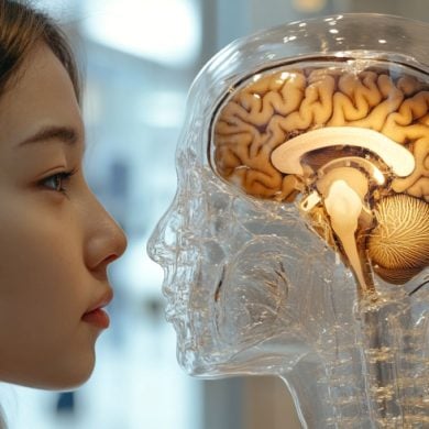 This shows a woman looking at a brain model.