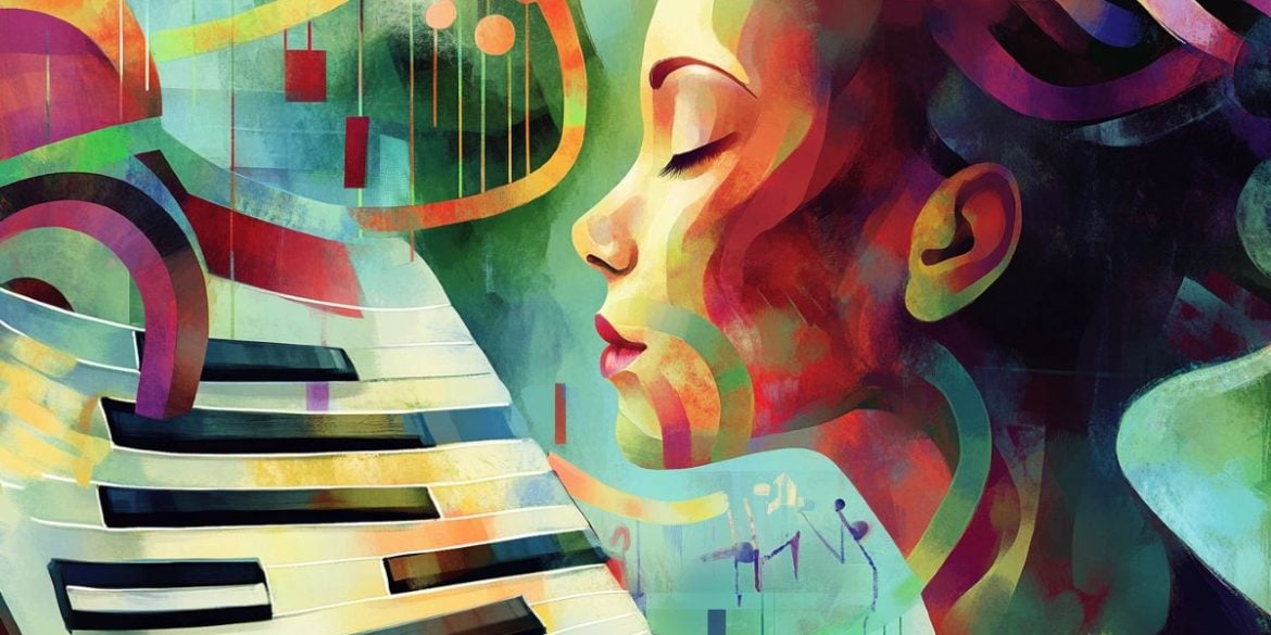 This shows a woman, a piano, and DNA.