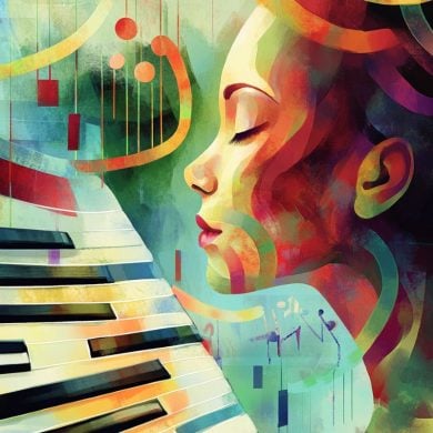 This shows a woman, a piano, and DNA.