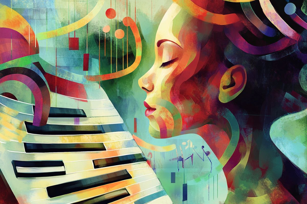 This shows a woman, a piano, and DNA.