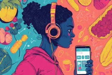 This shows a woman listening to a podcast.