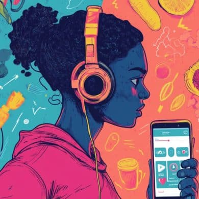 This shows a woman listening to a podcast.