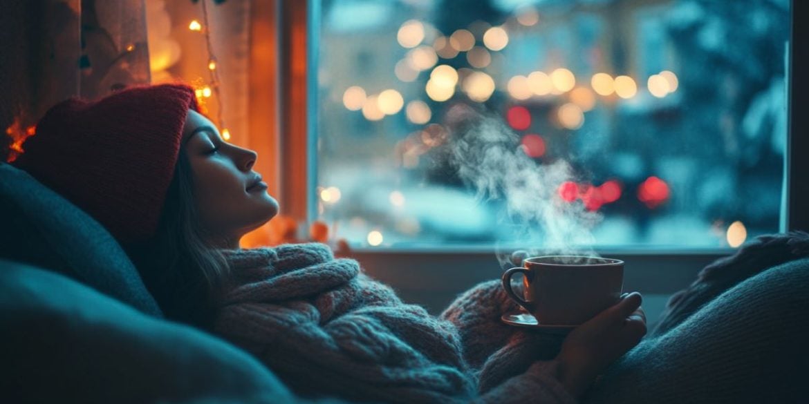 This shows a woman sitting alone with a mug of tea.