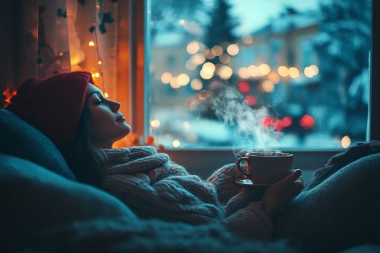 This shows a woman sitting alone with a mug of tea.