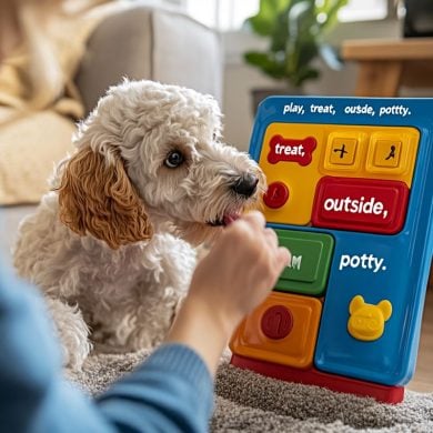 This shows a dog and a communication board.