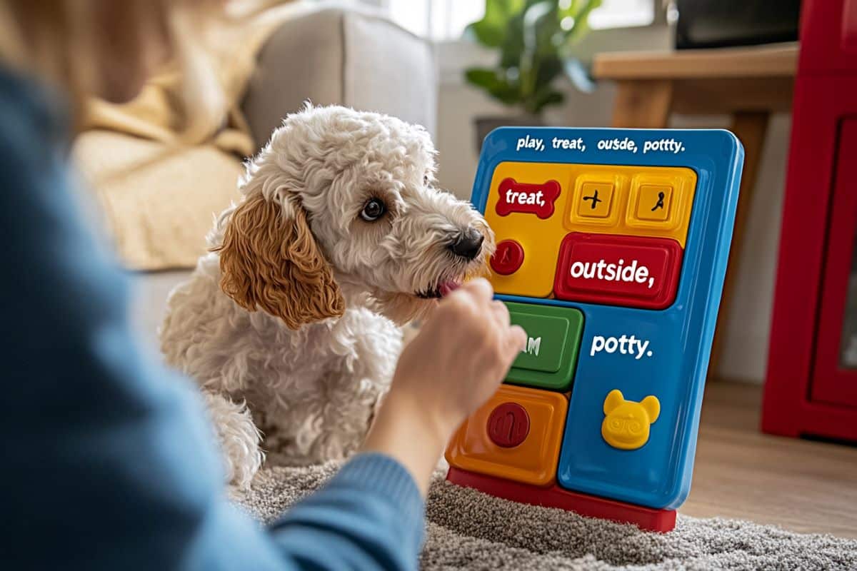 This shows a dog and a communication board.