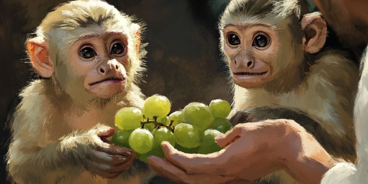 This shows two monkeys and grapes.