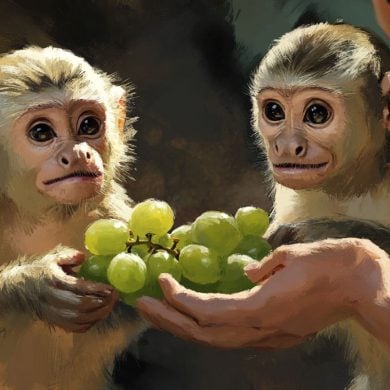 This shows two monkeys and grapes.