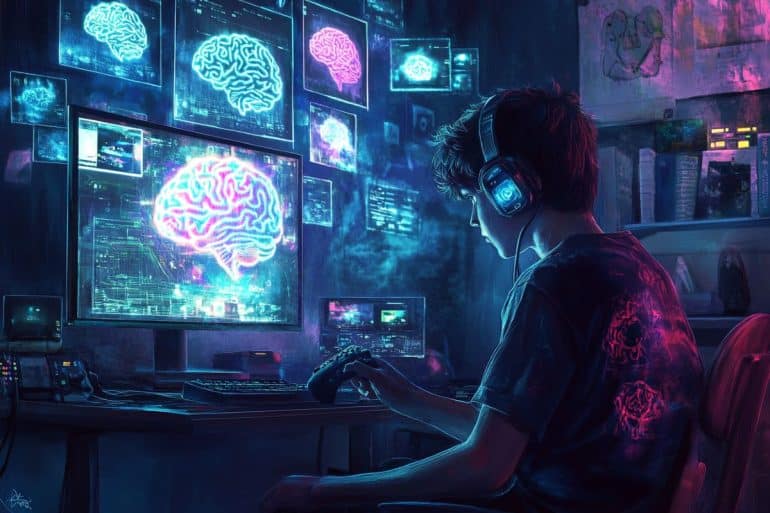 This shows a teen gaming and a brain.