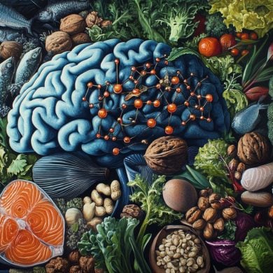 This shows a brain and healthy food.