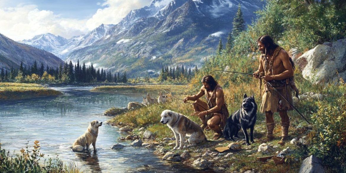 This shows ancient man fishing with dogs at his side.