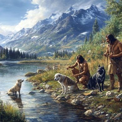 This shows ancient man fishing with dogs at his side.