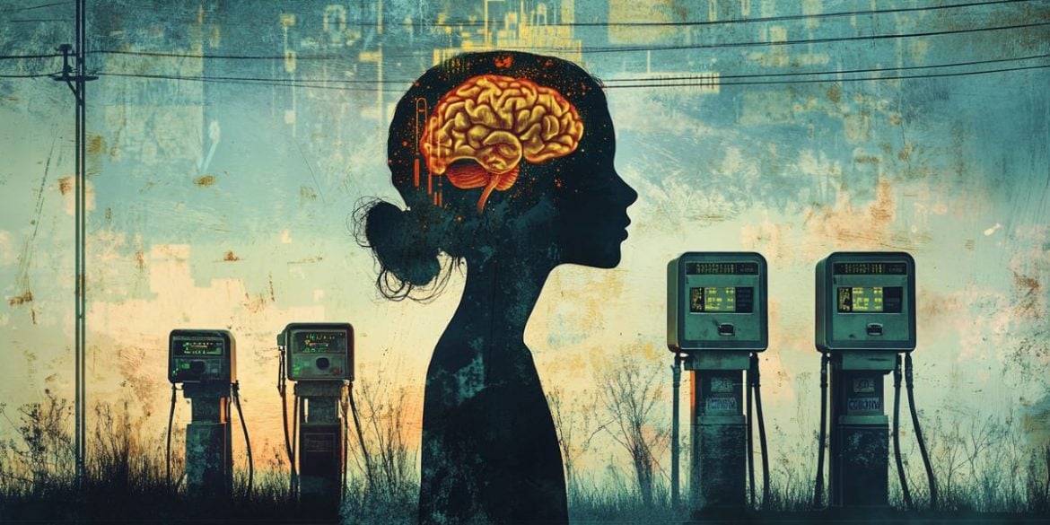 This shows gas pumps, a person and a brain.