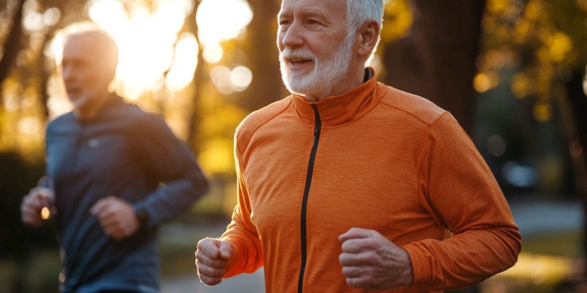 This shows an older man running.