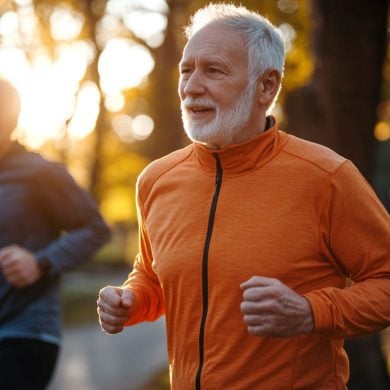 This shows an older man running.