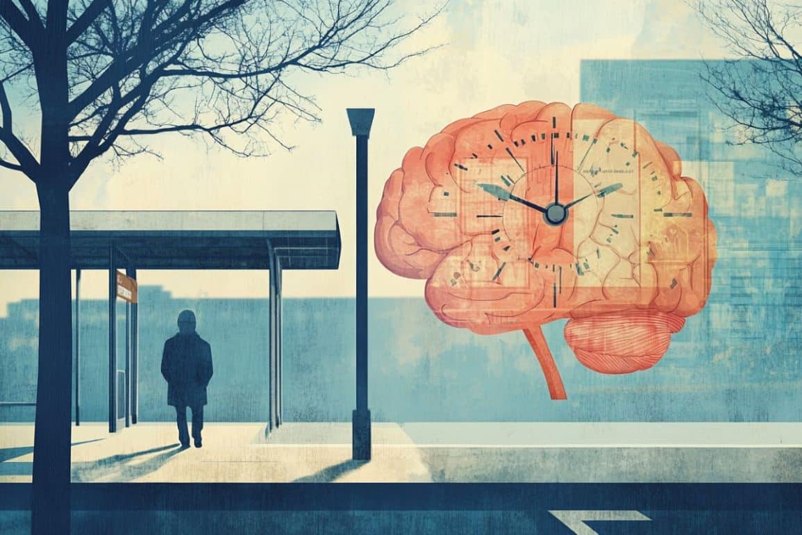 This shows a brain and a person at a bus stop.