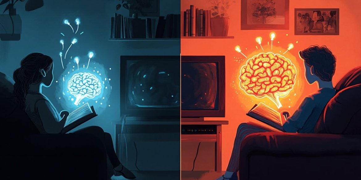 This shows people reading in front of a TV and a brain.