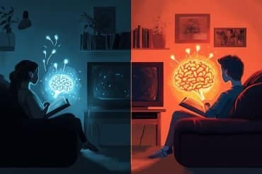 This shows people reading in front of a TV and a brain.