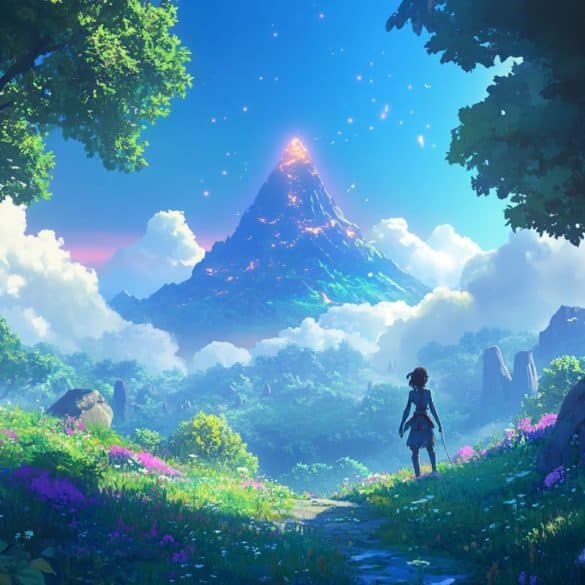 This shows a representation of an open world video game with an NPC and a mountain.