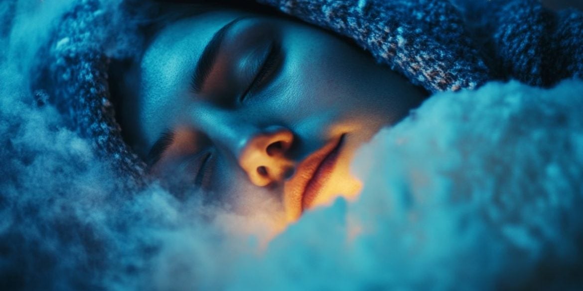 This shows a woman sleeping in a wooly blanket.