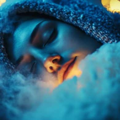 This shows a woman sleeping in a wooly blanket.